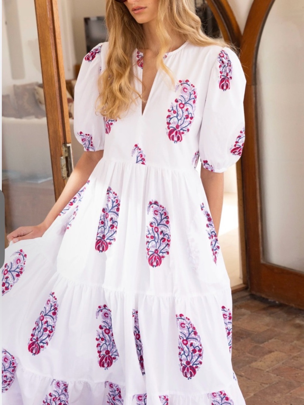 Oliphant White Tiered Maxi Dress with Red & Blue Embroidery